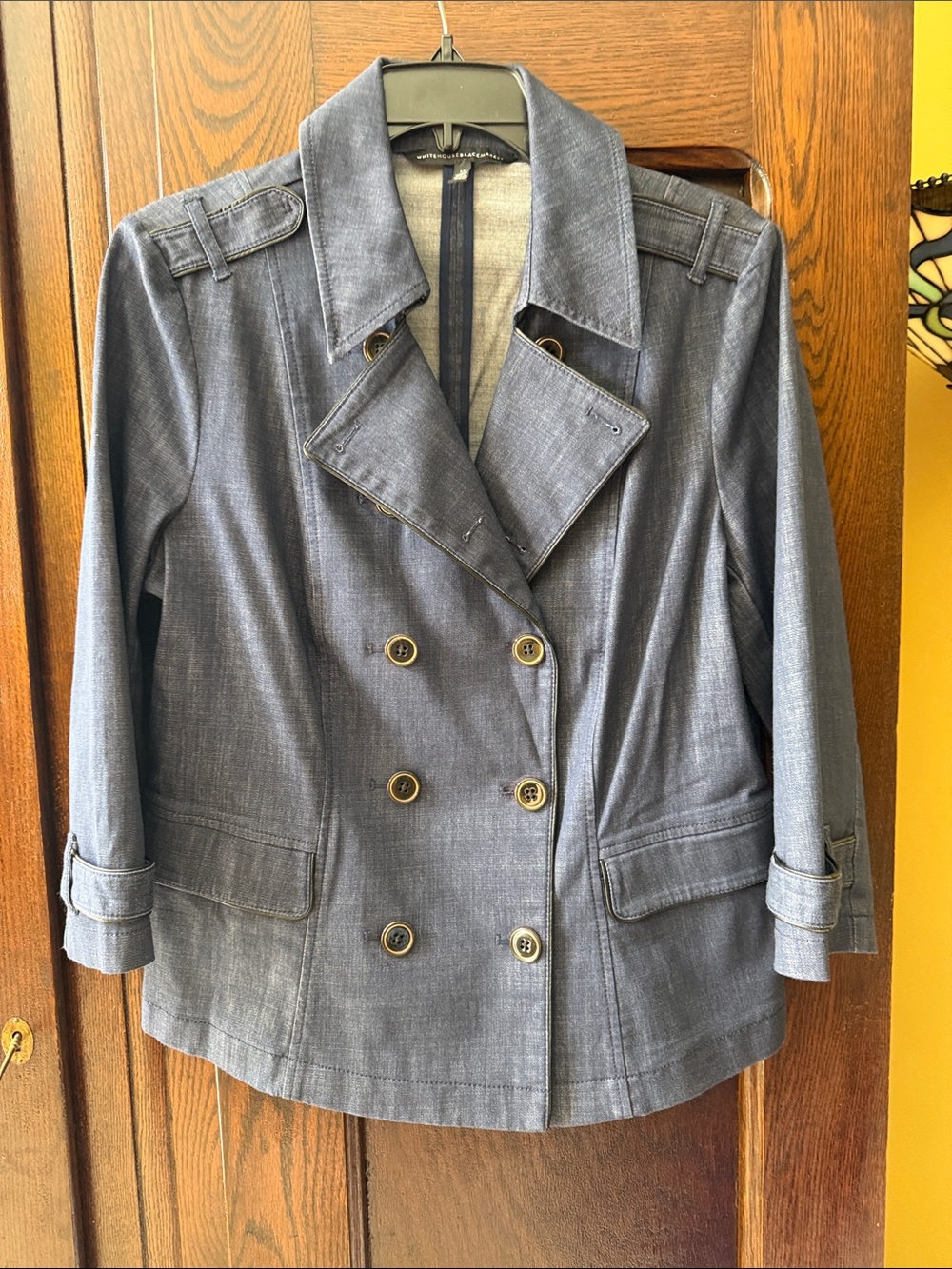 White House Black Market Double-Breasted Denim Pea Coat with Black Leather Trim